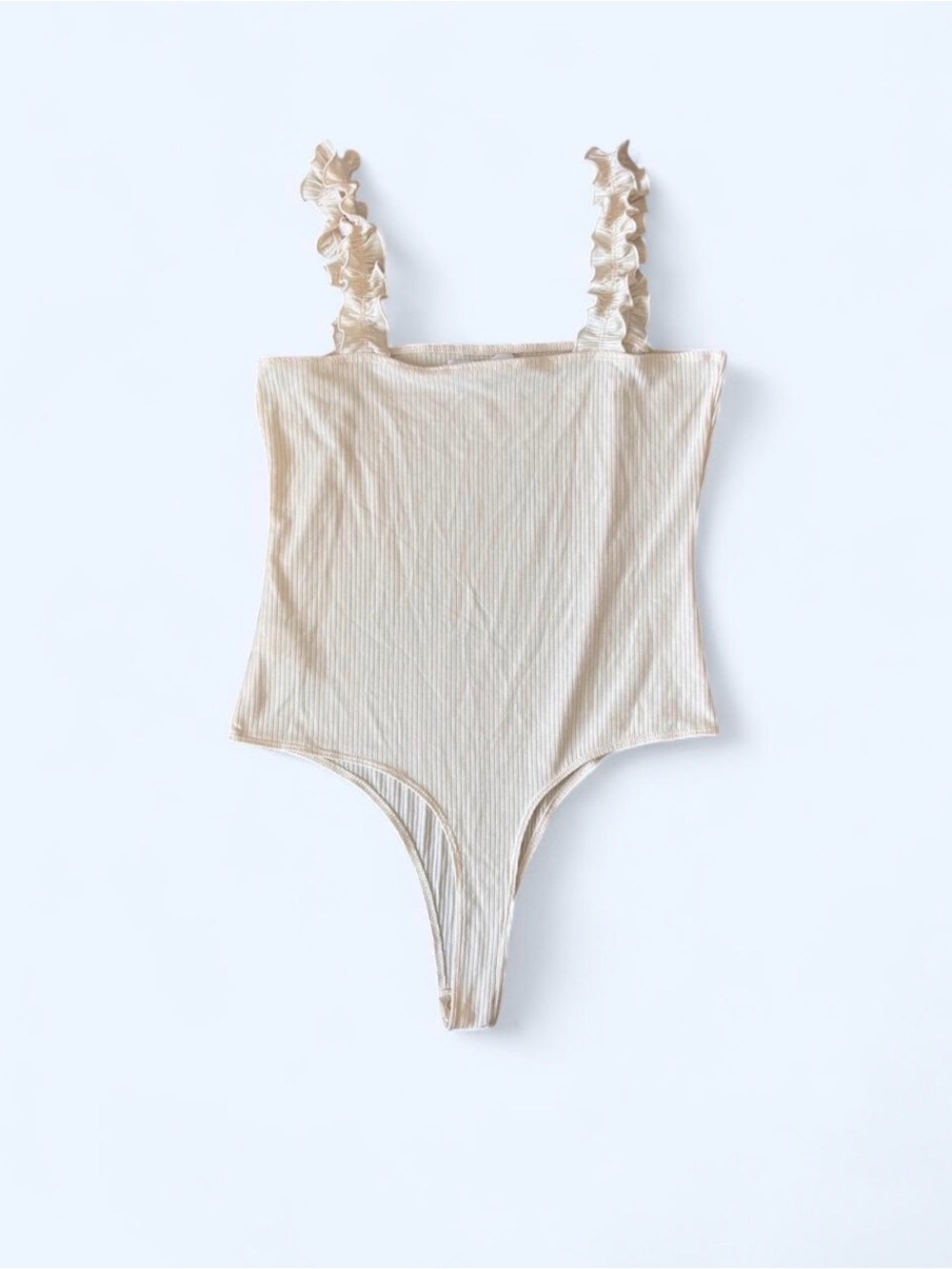 Double Zero Cream Ruffle-Strap Ribbed One-Piece Bodysuit - Picture 2 of 3